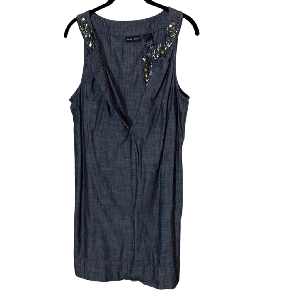 New York & Company Dress Sleeveless Embellished Neck Denim‎ Look Sheath